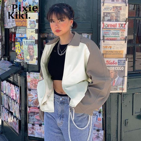 

women's jackets pixiekiki colorblock faux leather jacket for women 2021 fall winter clothes streetwear oversized cardigan coat p94-gh50, Black;brown