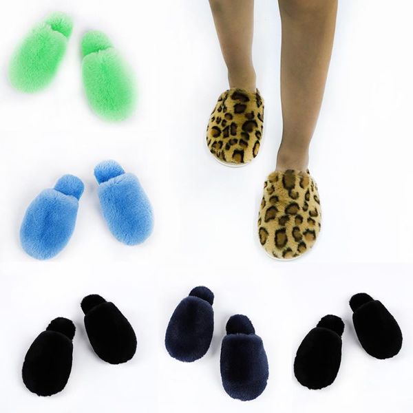 

slippers low female shoes flock winter woman slipper slides fur flip flops 2021 plush hoof heels pvc basic fabric slip, Black