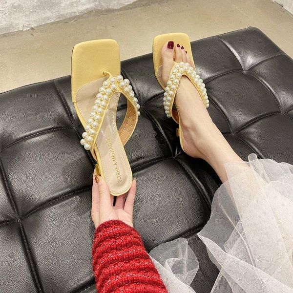

sandals fashion string bead design summer slippers flip flops for women clip toe 2021 zapatillas de casa ladies mule feminino, Black