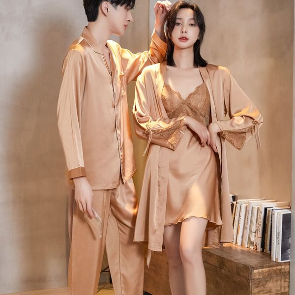

summer couple lace rayon women robe sets men trousers pajama suit pyjamas wedding morning gown homewear, Black;red