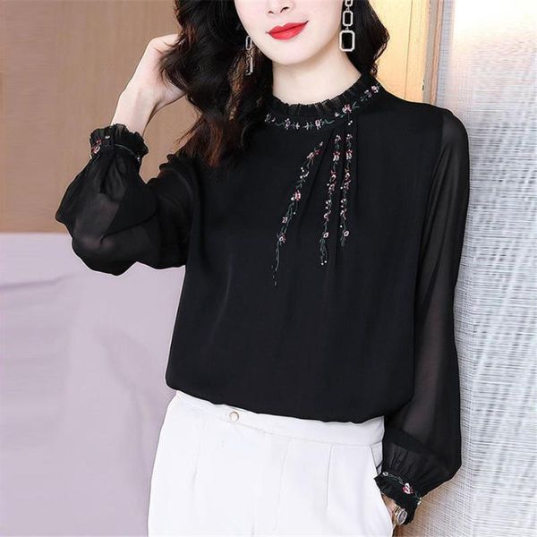 

women's blouses & shirts high-end temperament imitation silk beading autumn women long sleeve stand-up collar blusas mm1303, White