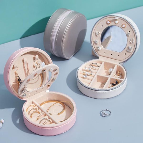 

jewelry pouches, bags small zipper round case organizer pu leather earrings storage box portable travel ear studs ring necklace cases 1pc, Pink;blue
