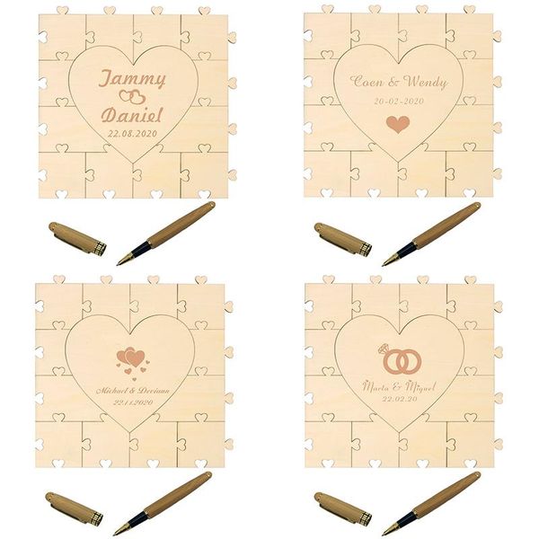 

party decoration personalized 100pcs customized wedding heart guest book puzzle wood gusetbook bamboo pen set engraved gift favor