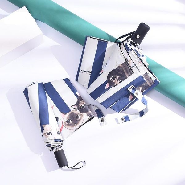 

umbrellas design cartoon cat folding anti-uv rainproof stripe umbrella sun protection rainy parasol