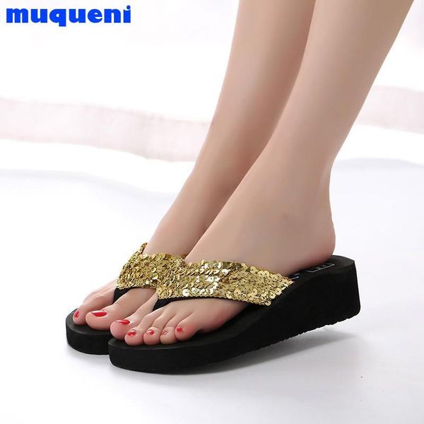 

flip flops sandals women eva sequins beach slippers casual wedges platform, Black