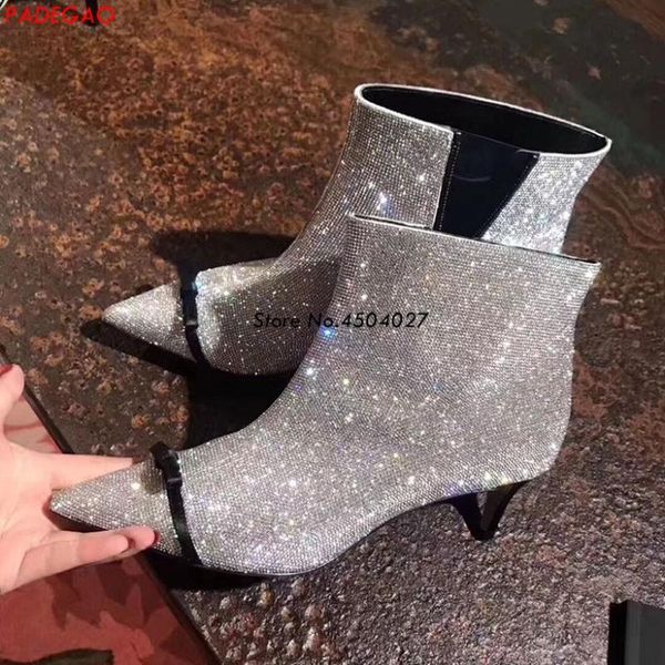 

boots bling women ankle pointed toe crystal rhinestone zipper high heels shoes zapatos mujer 35-39, Black