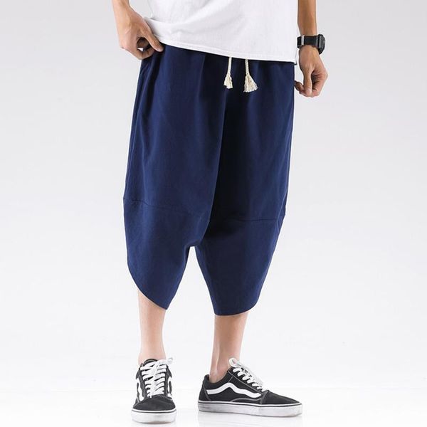 

men's casual elastic waist baggy pants cotton and capris wide leg harem cycling jogging running, Black;blue