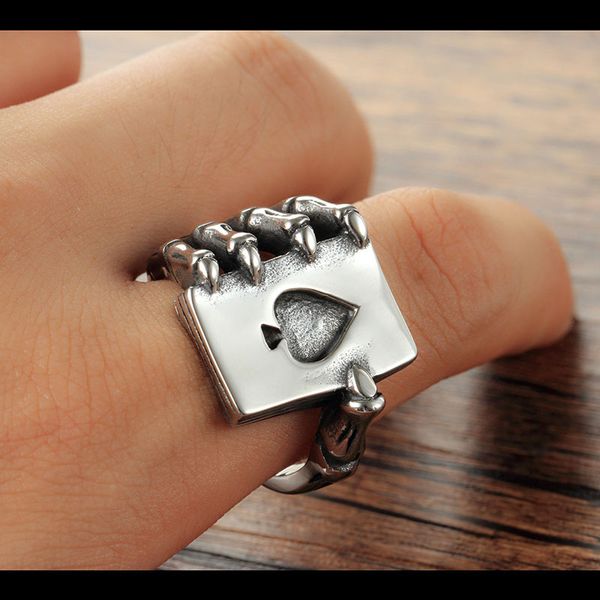 

vintage stainless steel men ring gothic punk skull claw poker index finger rings playing card nightclub male fashion jewelry, Silver