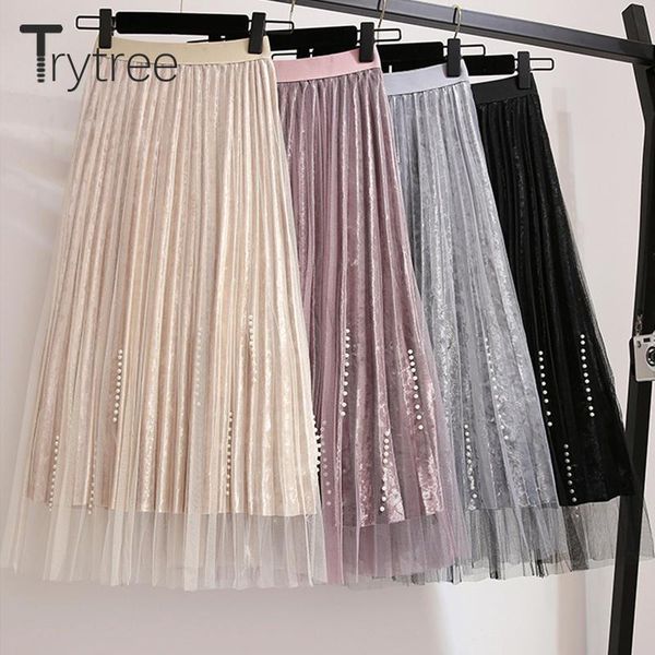

skirts trytree autumn pleated shiny velvet and mesh women skirt hem of beading mid-calf ruffles solid 4 colours female, Black