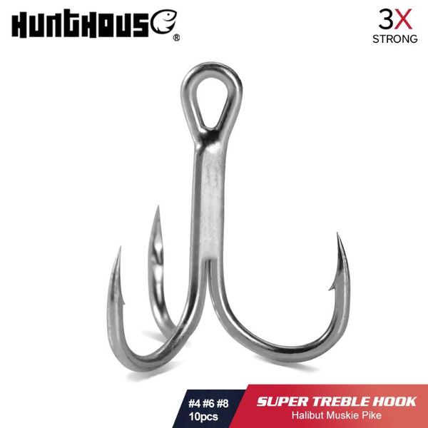 

fishing hooks hunthouse 4# 6# 8# treble hook 3x strong high steel carbon saltwater 10pcs/lot for hard lure tackle tool accessories