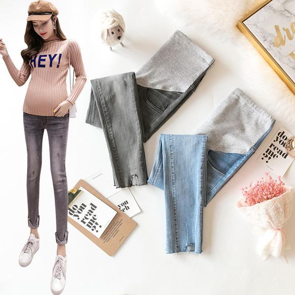 

maternity bottoms denim trousers spring and autumn pregnant women's cropped feet pants casual wear, White