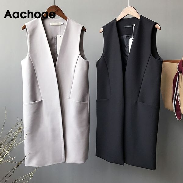 

aachoae women solid long blazer vest eleagnt office wear cardigan coat female waistcoat casual sleeveless jacket with pockets 210413, Black;white
