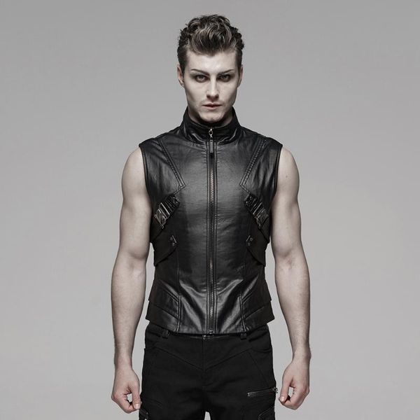 

men's vests punkrave punk handsome sleeveless vest heavy metal imitation leather simple fitness waistcoat, Black;white