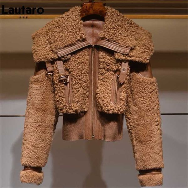 

lautaro winter warm thick patchwork faux fur coat women long sleeve zipper turndown collar stylish fluffy jacket fashion 211117, Black;brown
