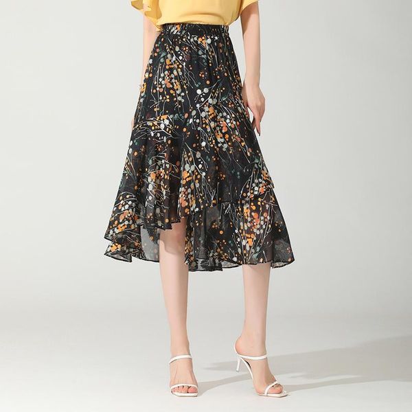 

summer korean high waist thin floral split a-line skirt wild plus size casual women long tide skirts, Black
