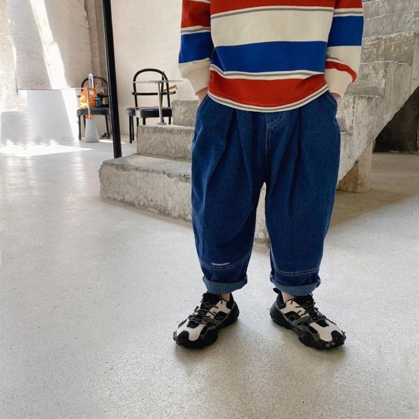 

jeans toddler kids spring autumn baby boy loose casual solid denim pants korean fashion pocket trousers for boys 2-8 years, Blue