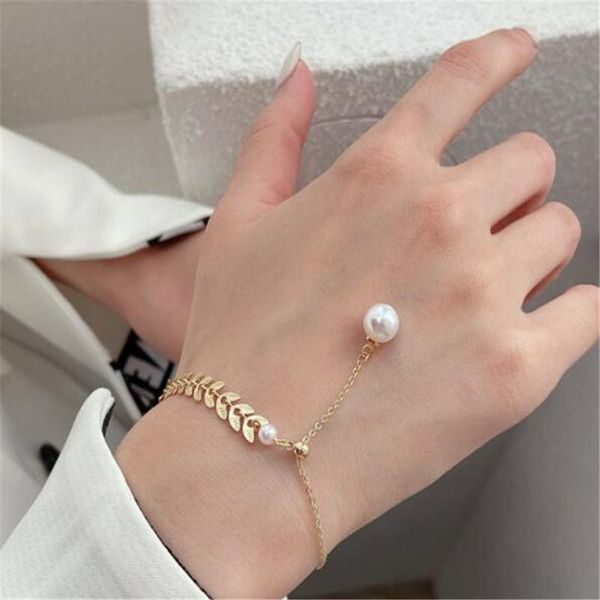 

link, chain temperament female asymmetry leaf pearl bracelet fashion party gold women's jewelry gifts, Black