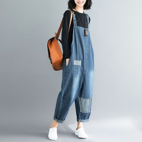 

jeans women's literature and art plus size overalls, loose fat mm korean casual jeans, hanging gear jumpsuit, Blue