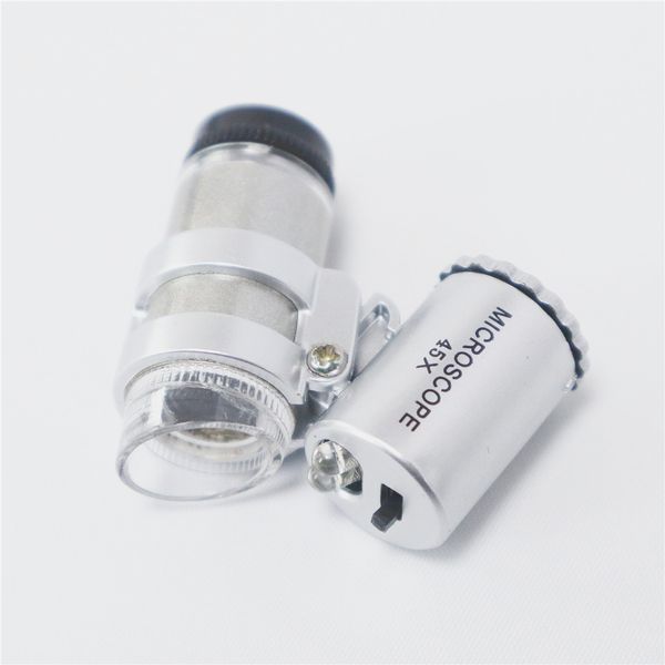 100 stücke 45x Juwelier Taschenmikroskop Tuch Messanalyse Lupe Lupe Lupe Detektor Schmuck Lupe 2 LED-Licht Einstellbarer Fokus