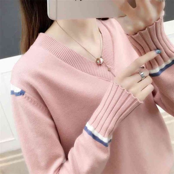 

v-neck sweater women's loose autumn and winter korean version of the wild pullover knitted bottoming shirt tide 210427, White;black