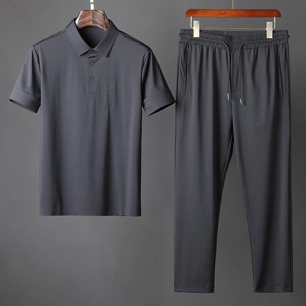 

minglu summer thin male sets (t-shirts+pants) luxury short sleeve sport casual soft silky mens fashion slim fit man suits men's tracksu, Gray