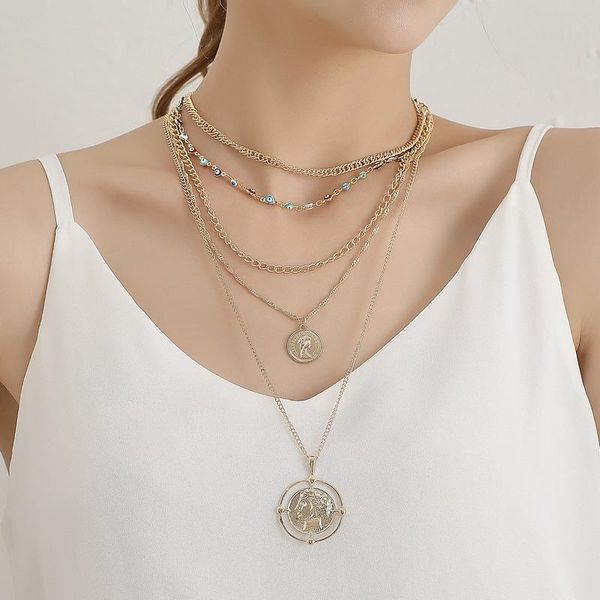 

pendant necklaces metal disc carved necklace for women multi-layer chain fives-layer long harajuku ladies jewelry, Silver