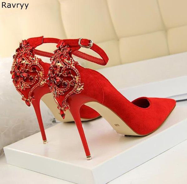 

wedding shoes woman red high heel bling crystal decor heelpiece pumps pointed toe feamle stiletto suede heels dress, Black