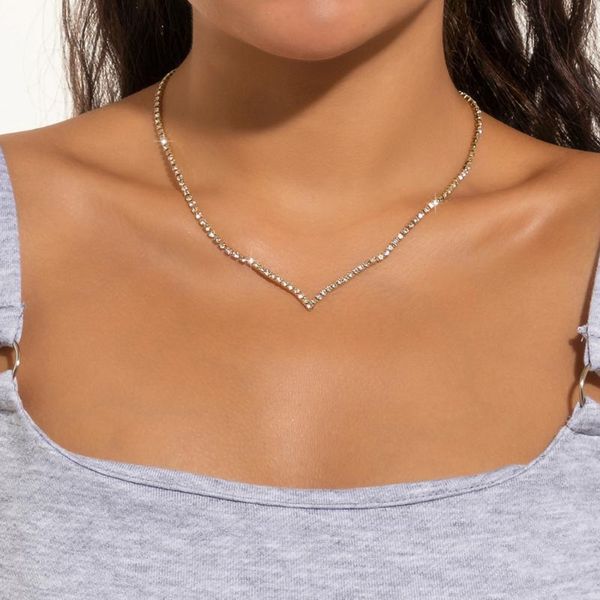

chains ingesight.z simple minimalist rhinestones crystal choker necklaces shiny v-shaped short collar clavicle women jewelry, Silver