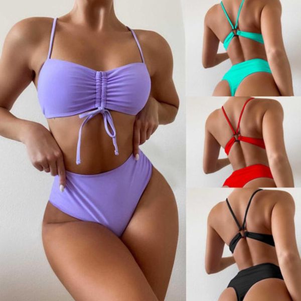 

women's swimwear women solid color sleeveless strapless swimsuits bandage bra bikini push-up bathing beach two-piece separates, White;black