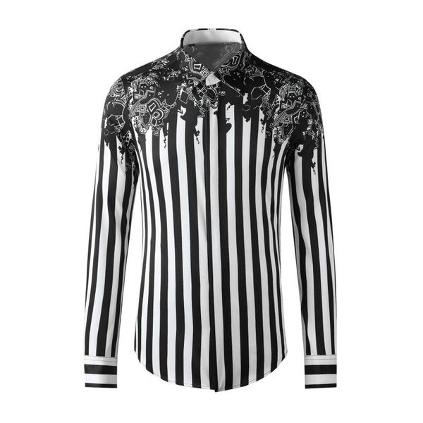 

men's casual shirts allover printed male luxury long sleeve stripe mens dress fashion slim fit party man 4xl, White;black