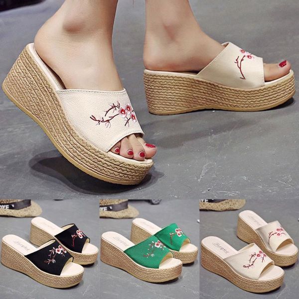 

slippers sagace 2021 summer women shoes retro ethnic high heels platform embroidery wedge beach flip flops flowers slides, Black