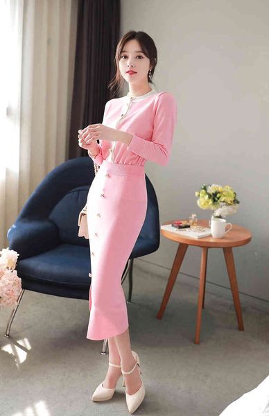 

two piece dress korean knitted 2 skirt sets outfits women o-neck + buttons splitting pencil suits elegant office 2 pcs set 1q, White
