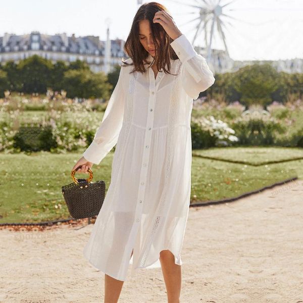 

casual dresses causal mandarin collar front open long sleeve summer beach dress white cotton tunic plus size women beachwear midi q1101, Black;gray