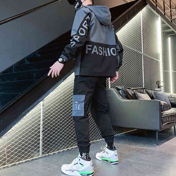 

men's tracksuits hip hop 2 pieces set s casual letter print suits loose stand collar sweatshirts jacket pants sets dx2a, Gray