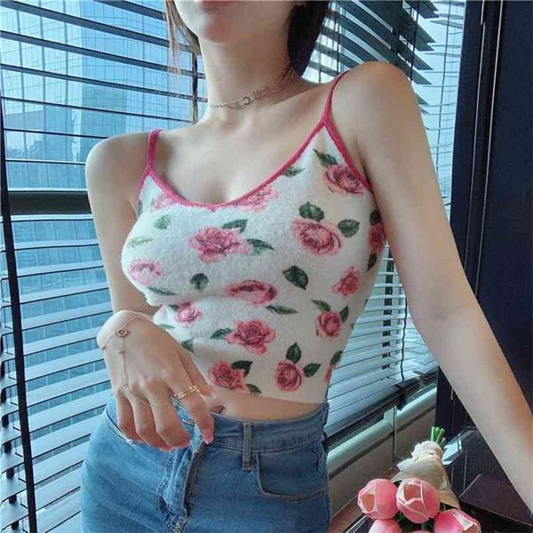 Top corto stampato Rose Foral Women Grunge Fairy Bustier s Corset Shirt Cute Sweet Tank 210529