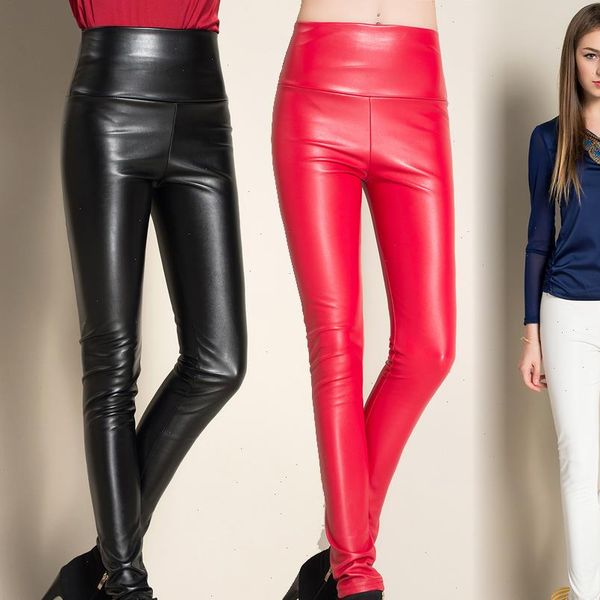 

spring y2k legging leather slim womens pant high waist stretchable pencil skinny warm fleece trousers, Black;white