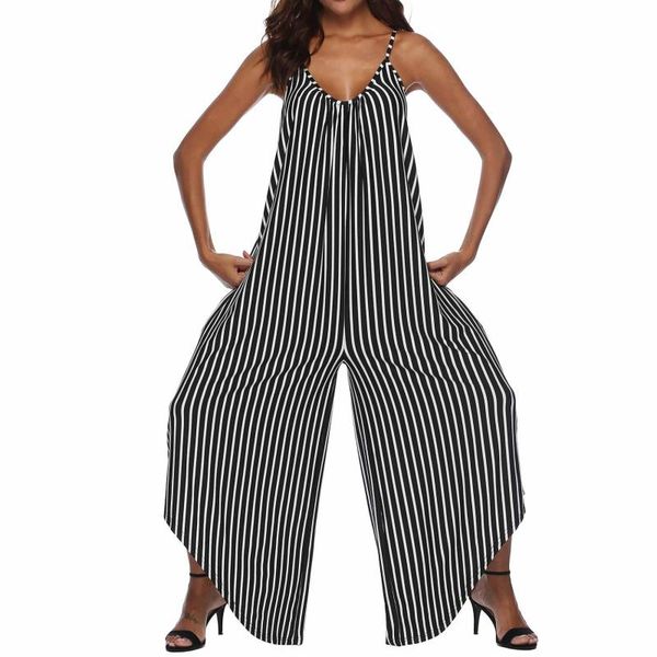

women's jumpsuits & rompers fashion nice summer women striped casual spaghetti strap wide leg jumpsuit loose sleeveless beach backless, Black;white