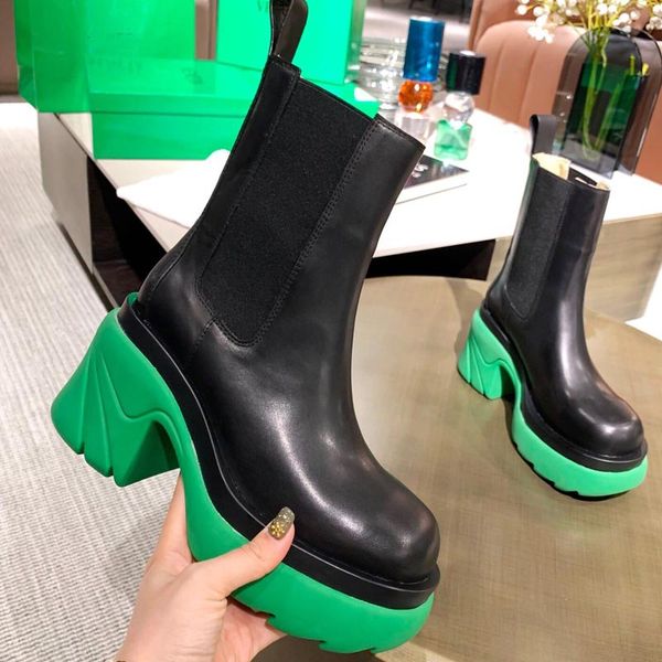 

2021 autumn and winter women's leather chelsea short boots fashion designer thick heel chimney heightened british mid-tube slim green b, Black