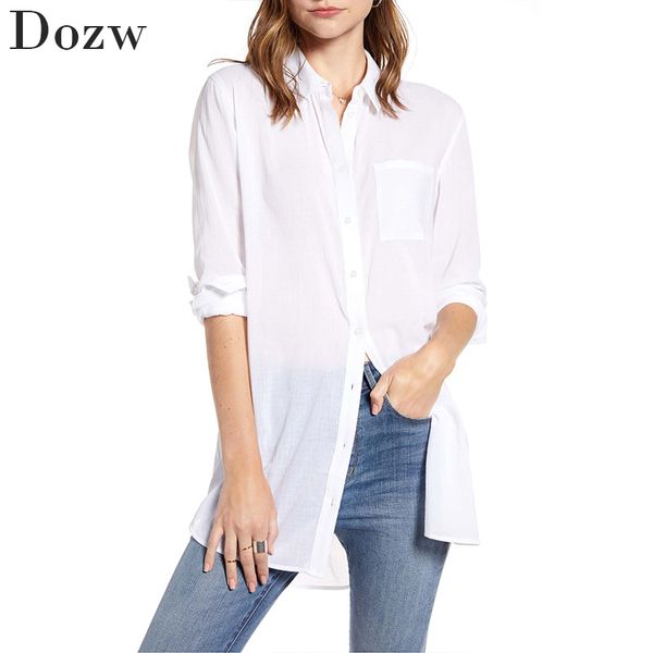 

women's solid blouse casual loose long sleeve shirt female turn down collar tunic spring summer irregular hem ladies blouse 210414, White