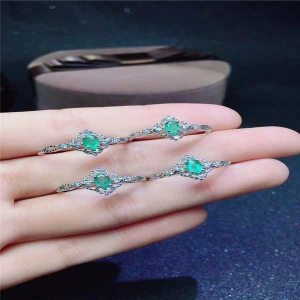 

cluster rings fine jewelry 925 pure silver inlay natural emeralds green female style ring simple, Golden;silver