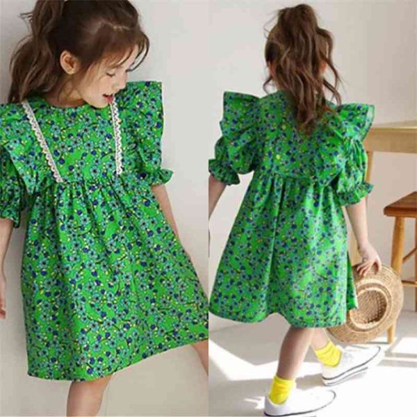 

3-7y children's dress fashion ruffle short-sleeve stitching summer kids clothes sweet floral print girl 210515, Red;yellow