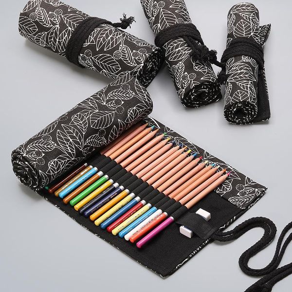 

pencil bags black leaves canvas printed pen curtain 12-24 36 48 72 hole large volume case color lead sketch stationery bag