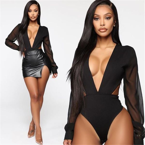 

fashion elegant bodysuits mesh womens romper long sleeve v neck hollow bodycon vintage jumpsuit club body femme, Black;white