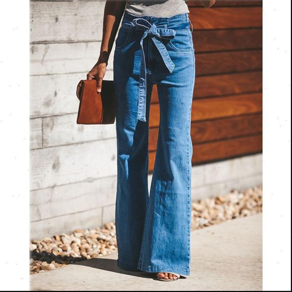 

blue women jeans tie waist flare slim denim trousers vintage clothes spring high pants belted stretchy wide leg