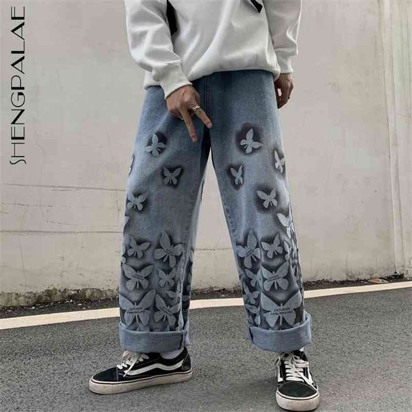 

butterfly printed jeans women's spring high waist wide leg straight tube loose denim pants female 5b815 210427, Blue