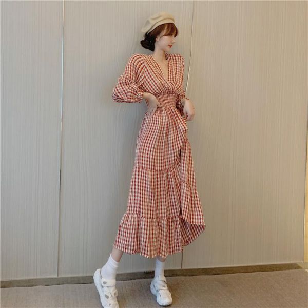 

casual dresses 2021 spring autumn women plaid dress v-neck three quarter sleeve high waist one piece, Black;gray