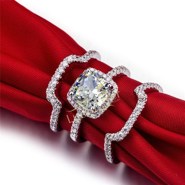 

lord of solid 18k white gold 3ct cushion cut diamond female ring with 2 side bands bridal jewelry, Slivery;golden
