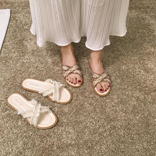 

slippers female summer 2021 wild net red ladies cross flat flip, Black