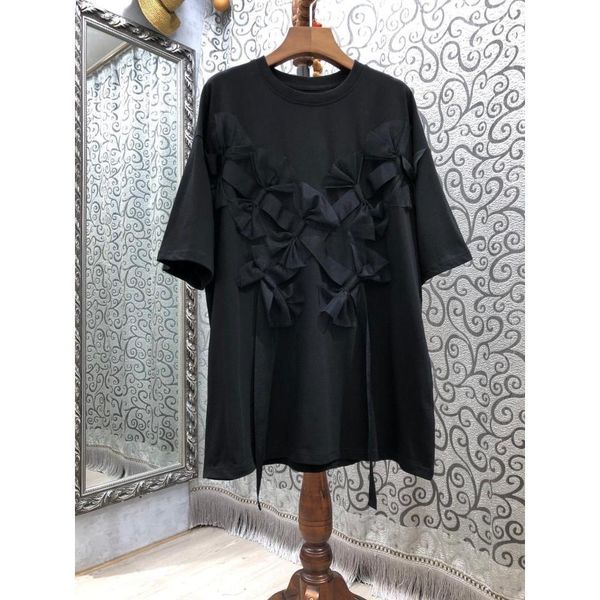 

summer new fashion patchwork ribbon mesh bow solid loose o neck casual woman tshirts 210421, White