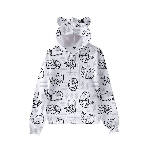 

cat fish print cute boy girl clothes hooded 3d printing hooded sweater autumn early winter ears hooded pullover, Black